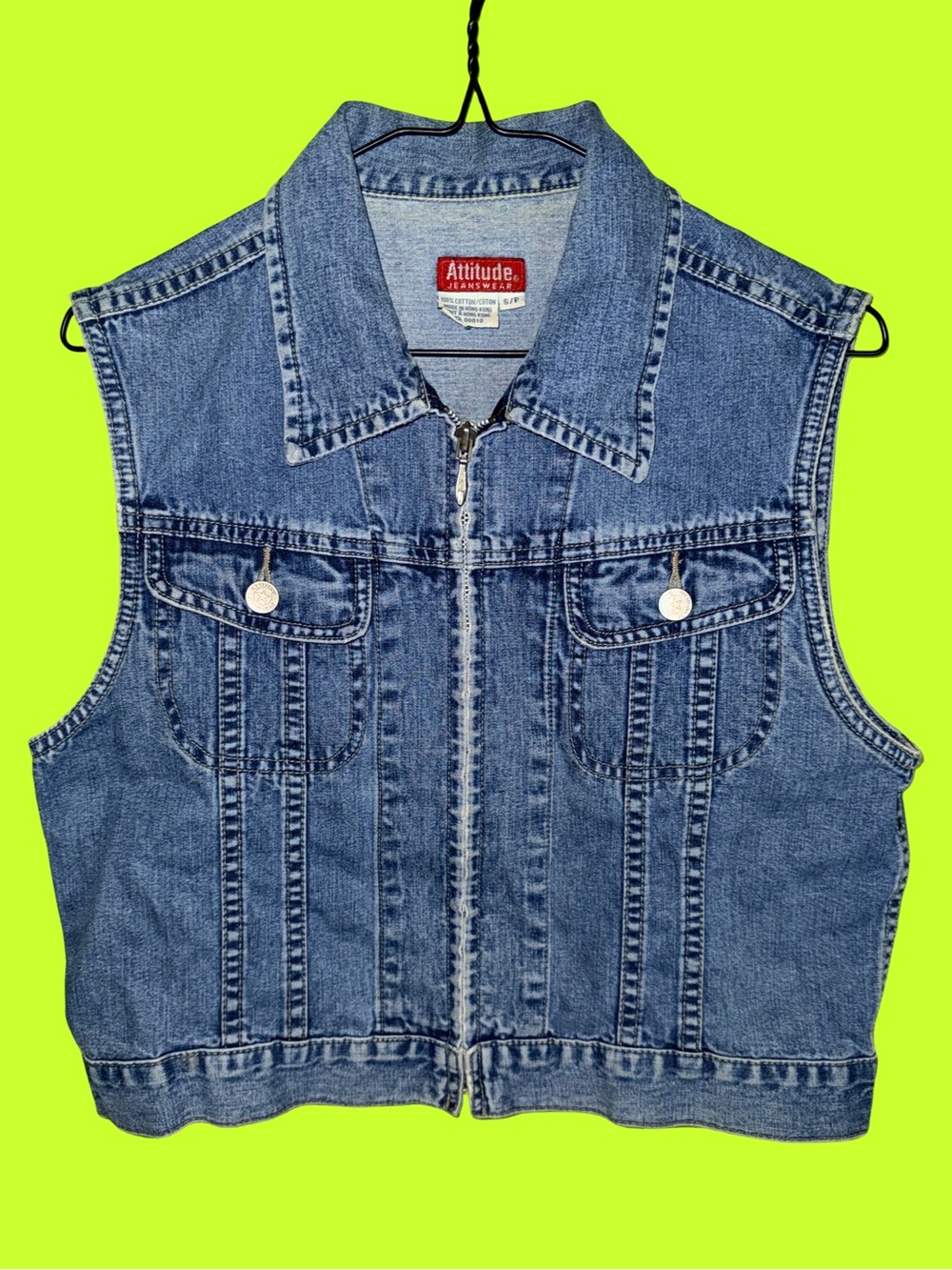 Vintage Denim Vest Cropped Zip Front – Light Wash Jean Vest (Small)
